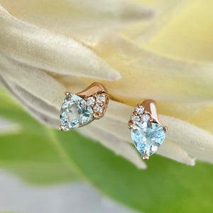 Trilliant Aquamarine Rose Gold Studs with Accent Diamonds
