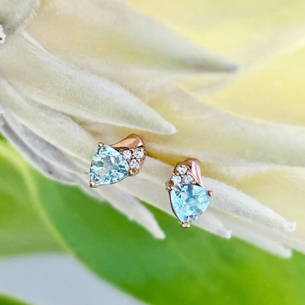Trilliant Aquamarine Rose Gold Studs with Accent Diamonds