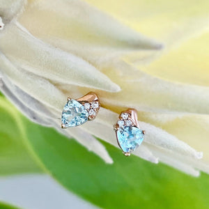 Trilliant Aquamarine Rose Gold Studs with Accent Diamonds