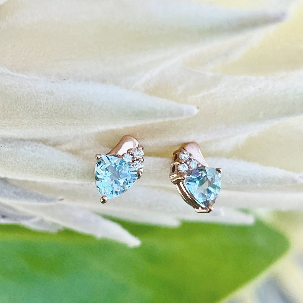 Trilliant Aquamarine Rose Gold Studs with Accent Diamonds