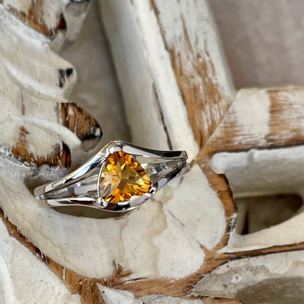 Trilliant Citrine Split Shank White Gold Ring