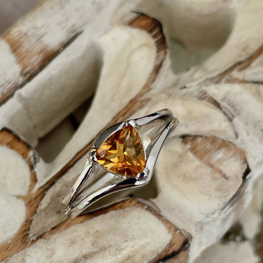 Trilliant Citrine Split Shank White Gold Ring