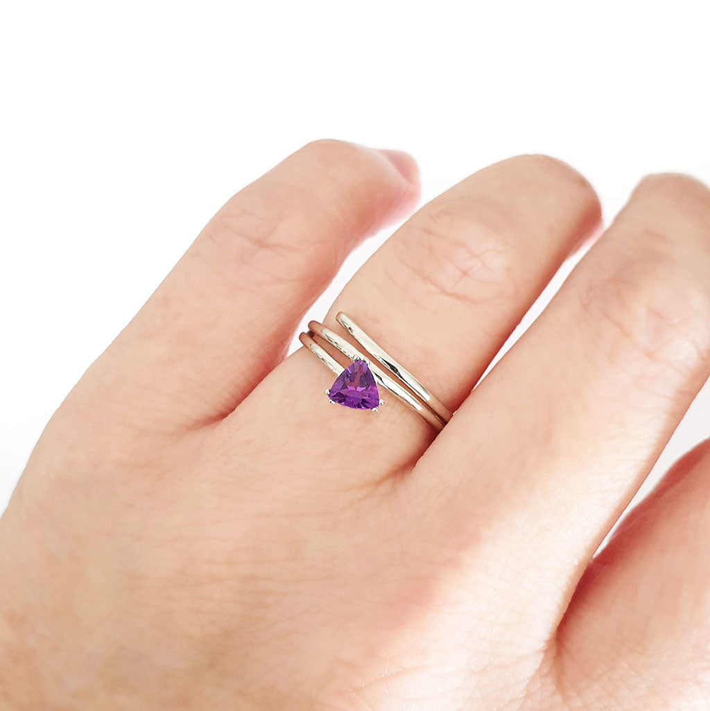 Trilliant Cut Amethyst Silver Wrap Around Ring