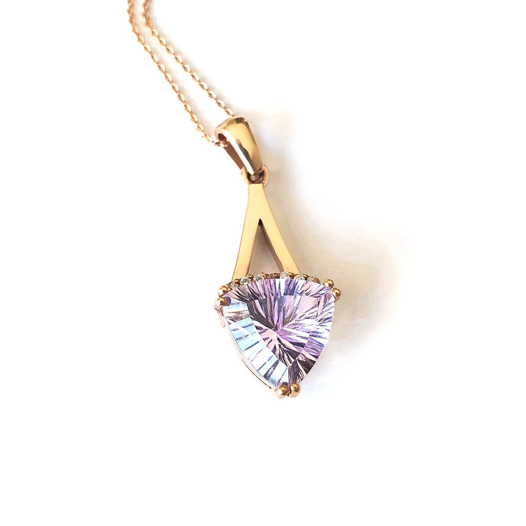 Trilliant Cut Amethyst, Diamond and Rose Gold Pendant