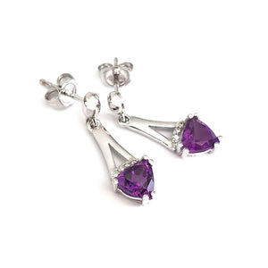 Trilliant Cut Amethyst and White Gold Drop Earrings with Diamond Accents