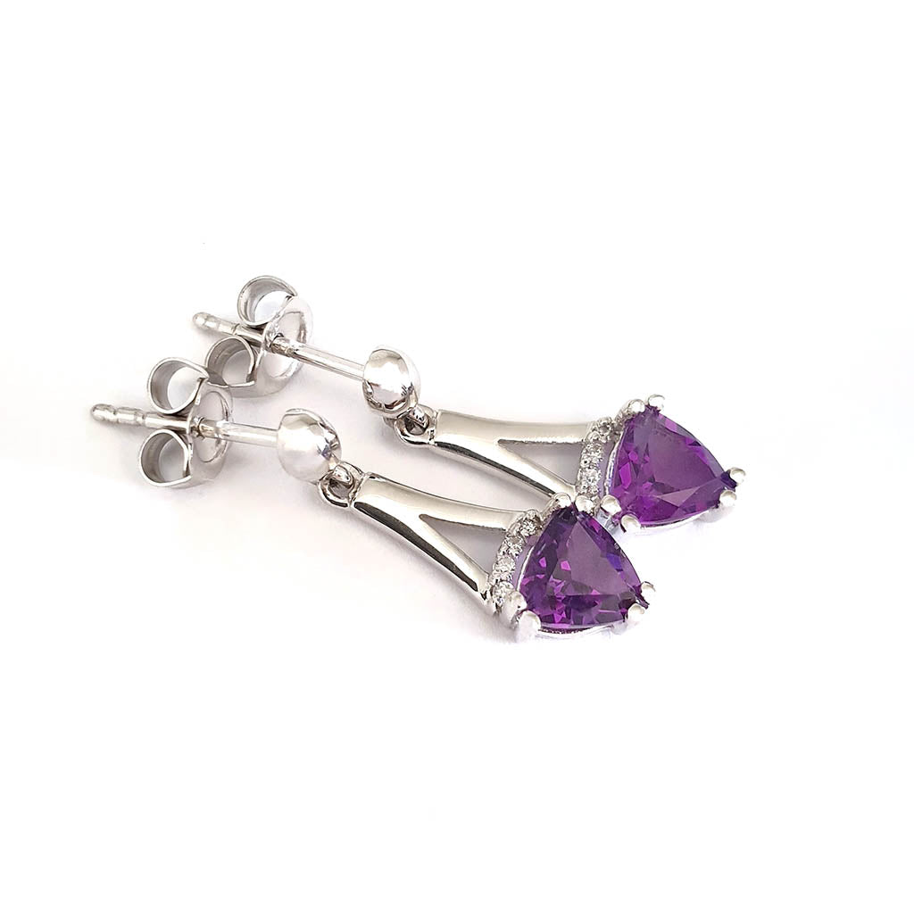 Trilliant Cut Amethyst and White Gold Drop Earrings with Diamond Accents