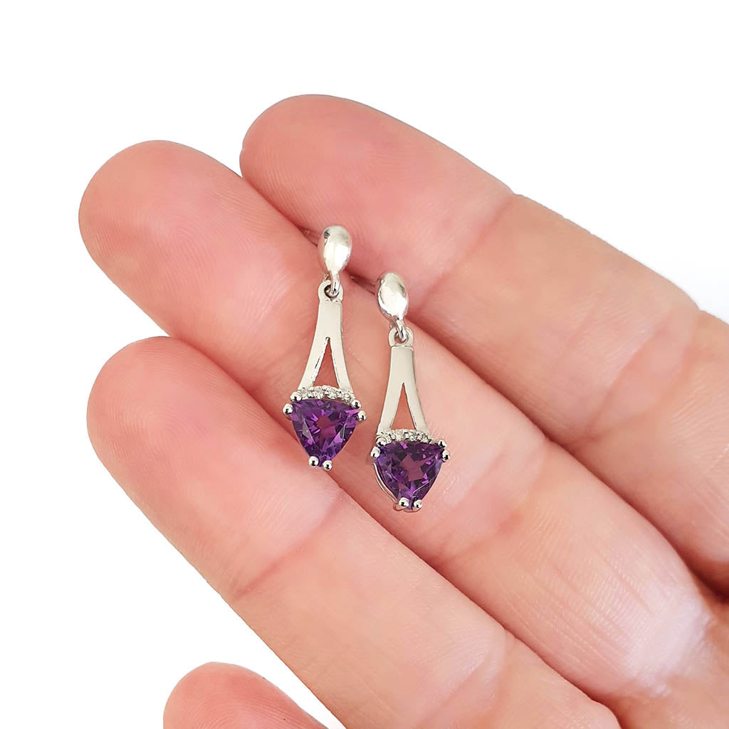 Trilliant Cut Amethyst and White Gold Drop Earrings with Diamond Accents