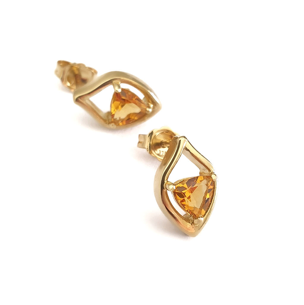 Trilliant Cut Citrine and Yellow Gold Shield Design Earrings