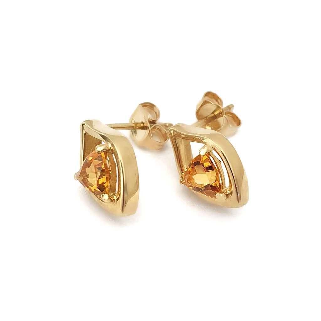 Trilliant Cut Citrine and Yellow Gold Shield Design Earrings