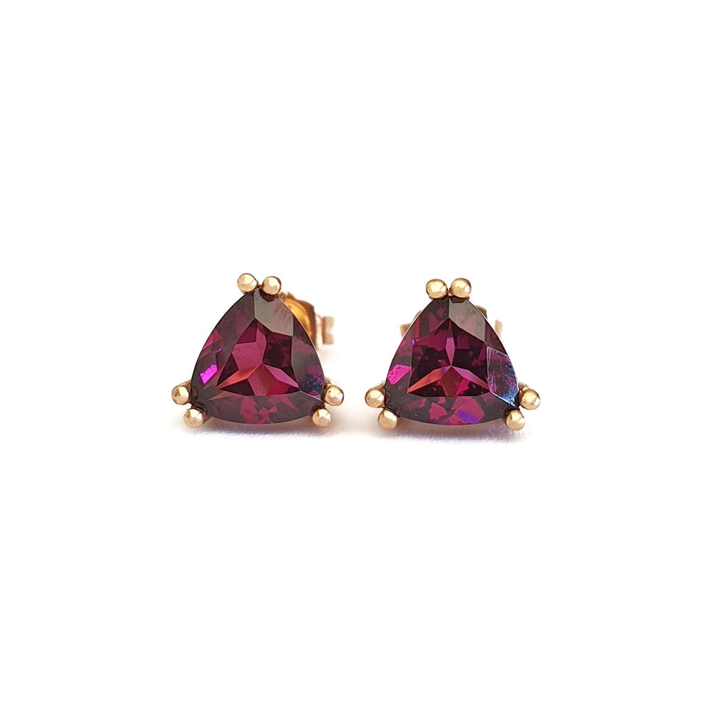 Trilliant Cut Purple Hue Rhodalite Rose Gold Studs