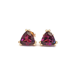Trilliant Cut Purple Hue Rhodalite Rose Gold Studs