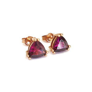 Trilliant Cut Purple Hue Rhodalite Rose Gold Studs
