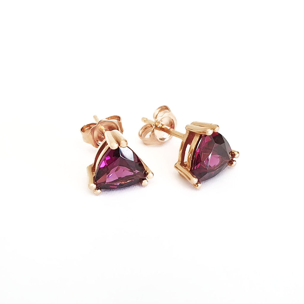 Trilliant Cut Purple Hue Rhodalite Rose Gold Studs