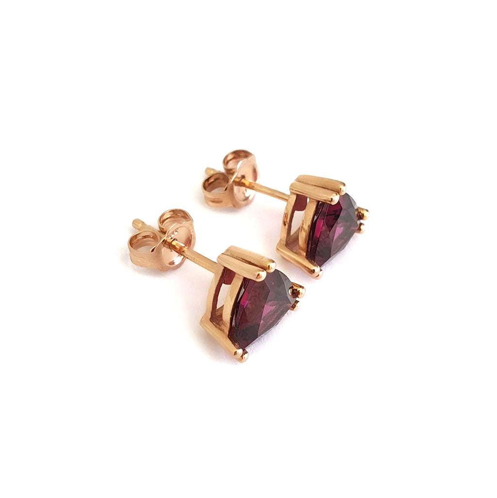 Trilliant Cut Purple Hue Rhodalite Rose Gold Studs
