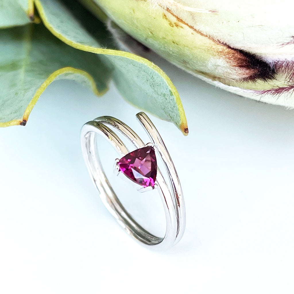 Trilliant Cut Rhodolite Silver Wrap Around Ring