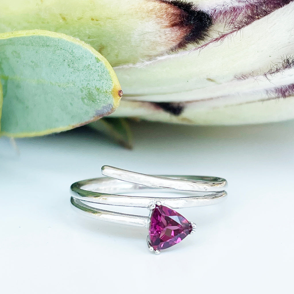 Trilliant Cut Rhodolite Silver Wrap Around Ring