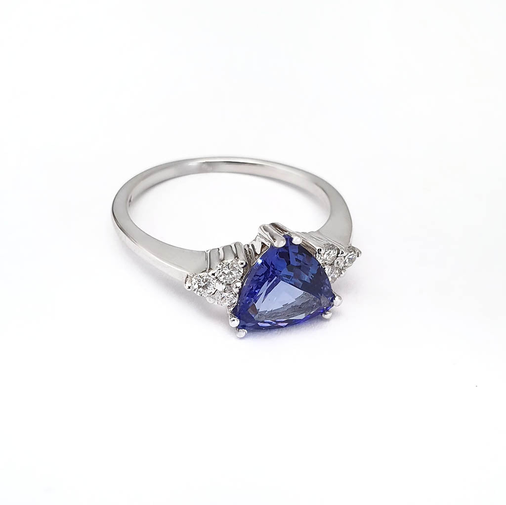 Trilliant Cut Tanzanite Ring with Trilogy Diamond Accents