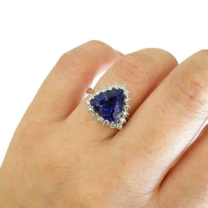 Trilliant Cut Tanzanite and Diamond Halo Ring