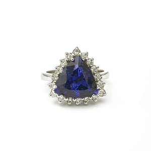 Trilliant Cut Tanzanite and Diamond Halo Ring