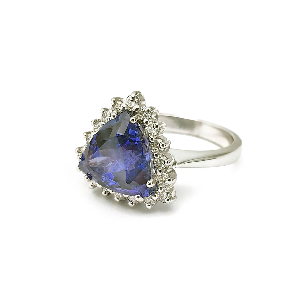 Trilliant Cut Tanzanite and Diamond Halo Ring