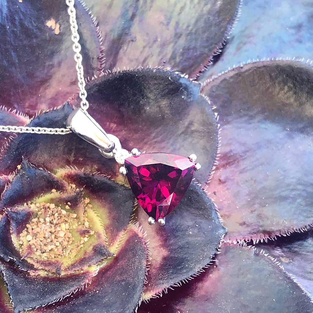 Trilliant Grape Garnet and Petit Diamond pendant