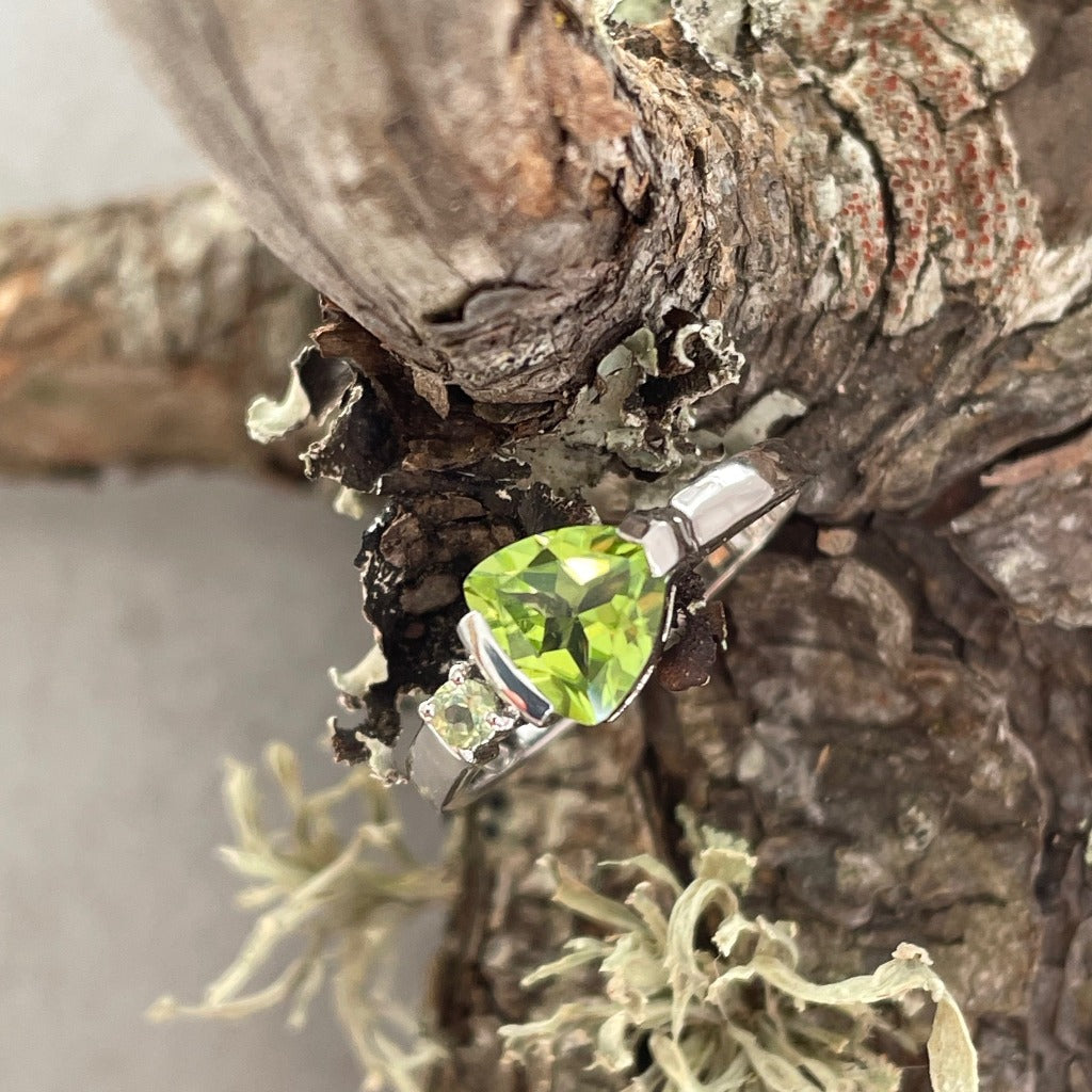Trilliant Peridot with Round Peridot Highlight Ring