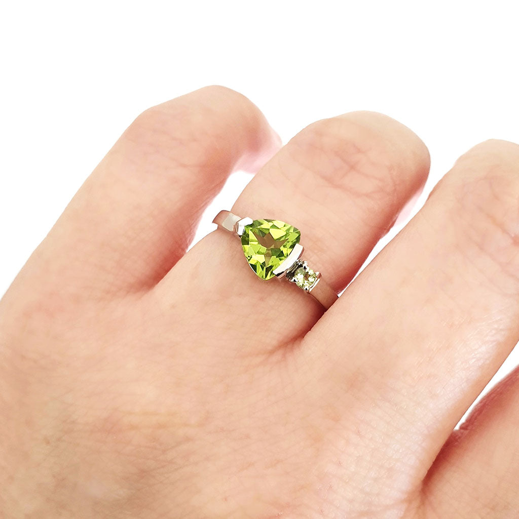 Trilliant Peridot with Round Peridot Highlight Ring