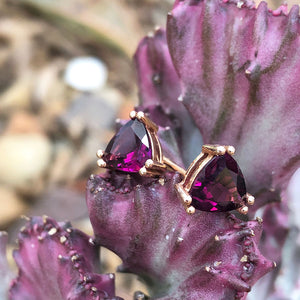 Trilliant Cut Purple Hue Rhodalite Rose Gold Studs