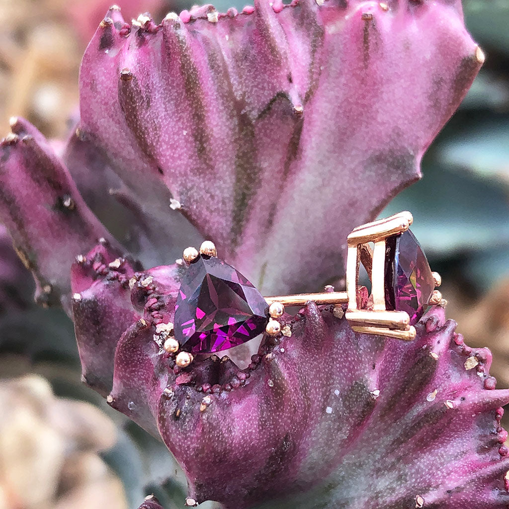 Trilliant Cut Purple Hue Rhodalite Rose Gold Studs