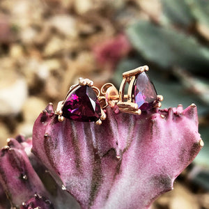 Trilliant Cut Purple Hue Rhodalite Rose Gold Studs