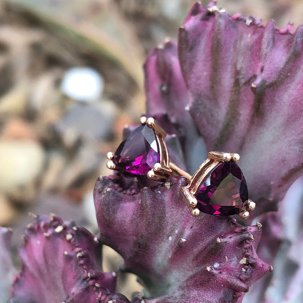 Trilliant Cut Purple Hue Rhodalite Rose Gold Studs