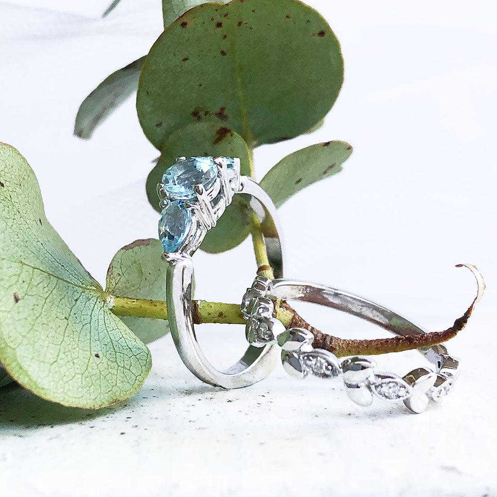 Trilogy Aquamarine Engagement Ring with Diamond Leaf Wedding Set