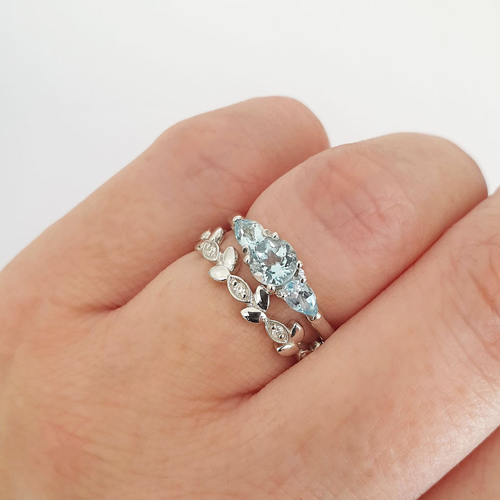 Trilogy Aquamarine Engagement Ring with Diamond Leaf Wedding Set