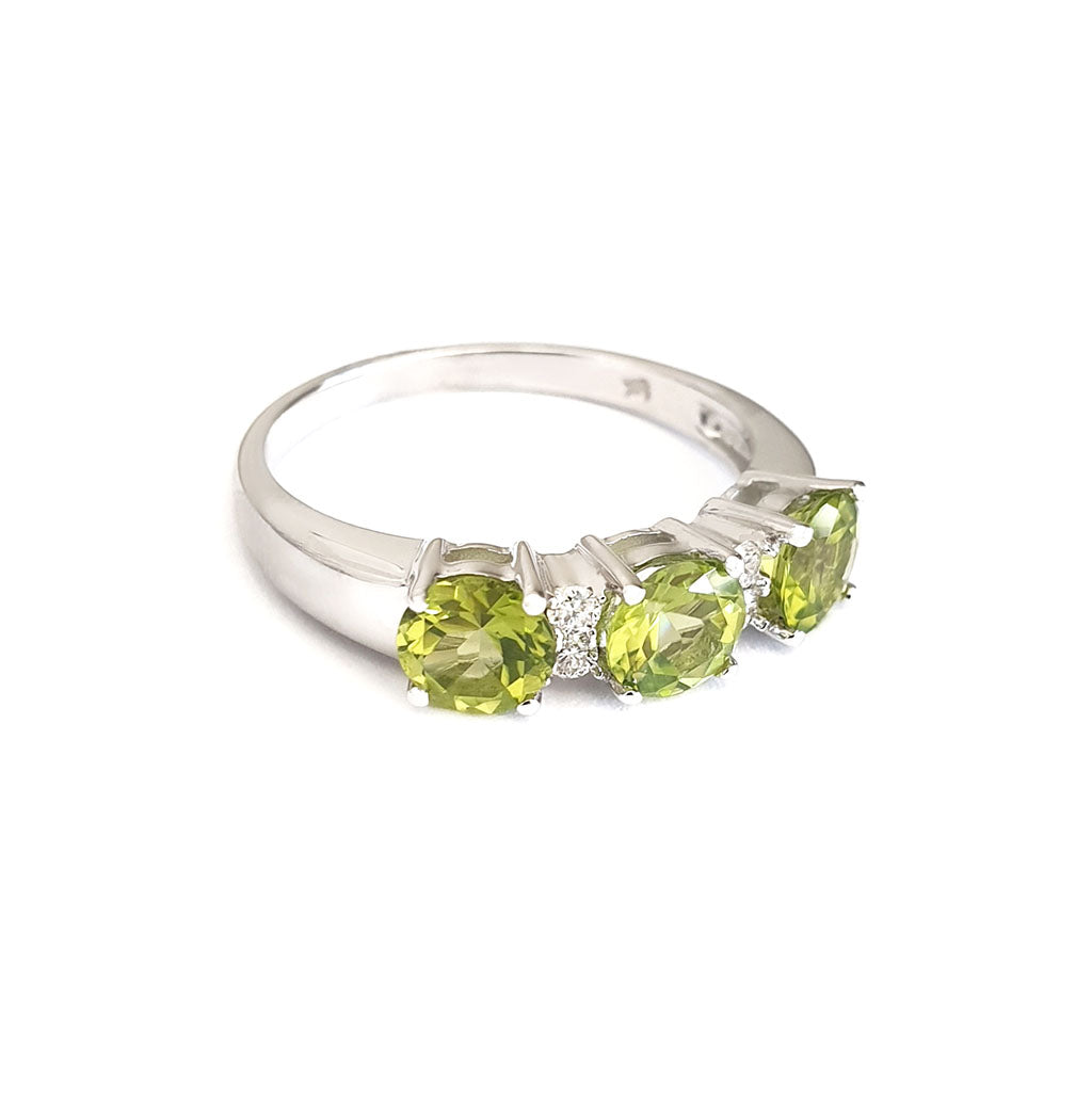 Trilogy Peridot Ring with Double Diamond Highlights