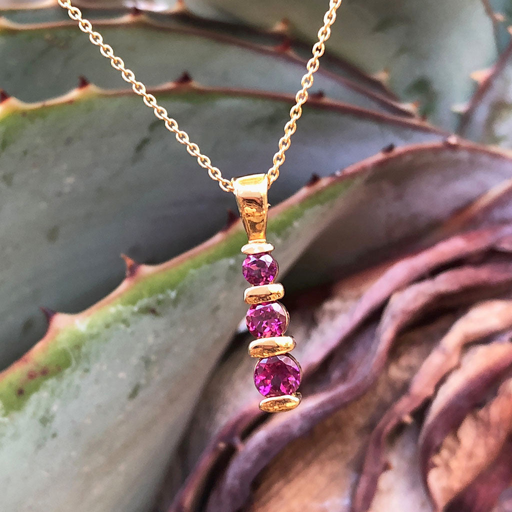 Trilogy Round Cut Rhodalite Bar Set Drop Pendant