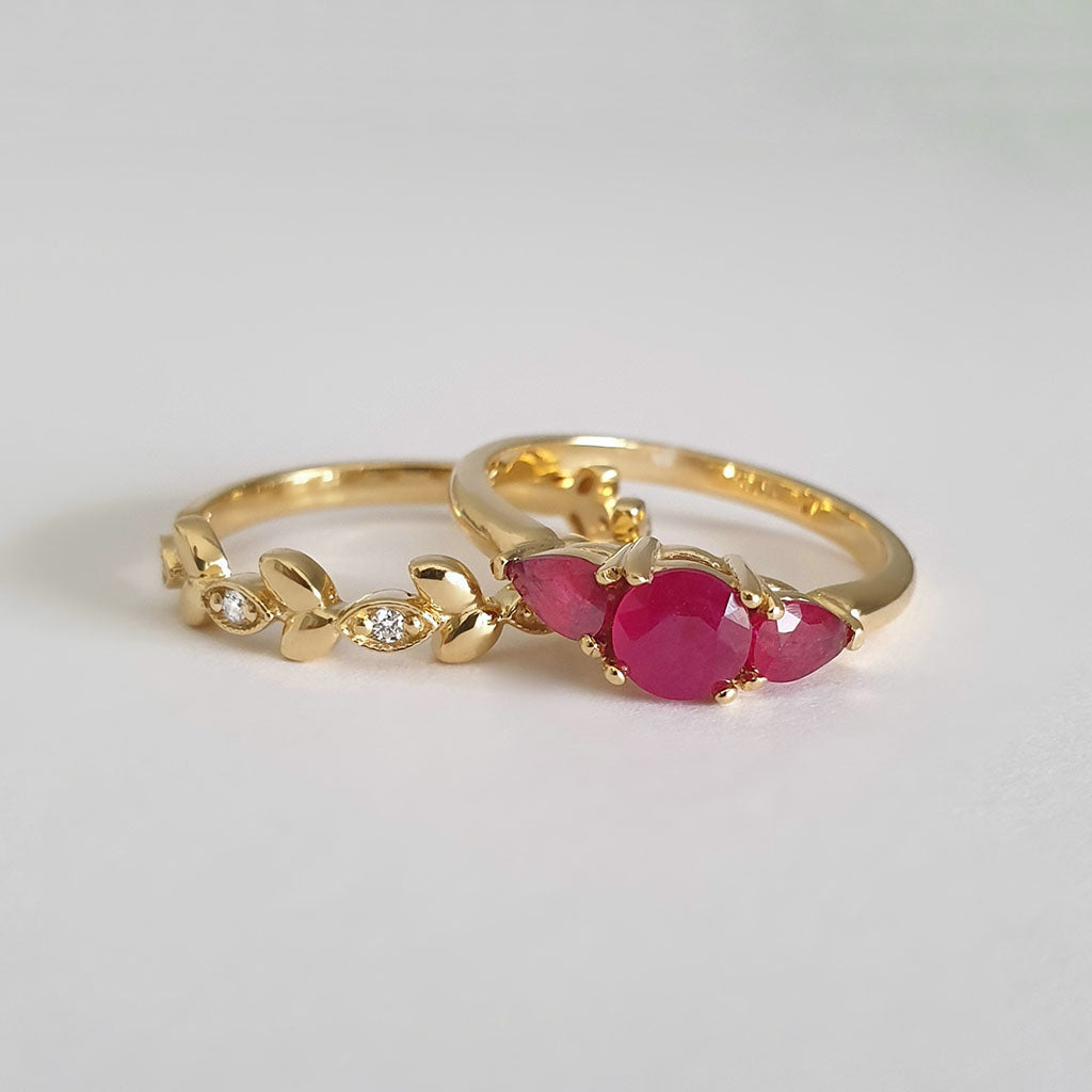 Trilogy Ruby Engagement Ring with Diamond Leaf Wedding Set