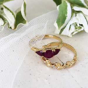 Trilogy Ruby Engagement Ring with Diamond Leaf Wedding Set