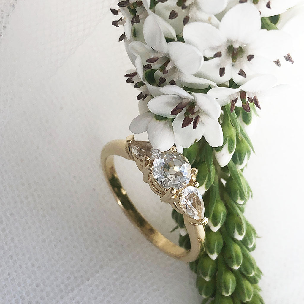 Trilogy Silver Topaz Engagement Ring with Diamond Leaf Wedding Set