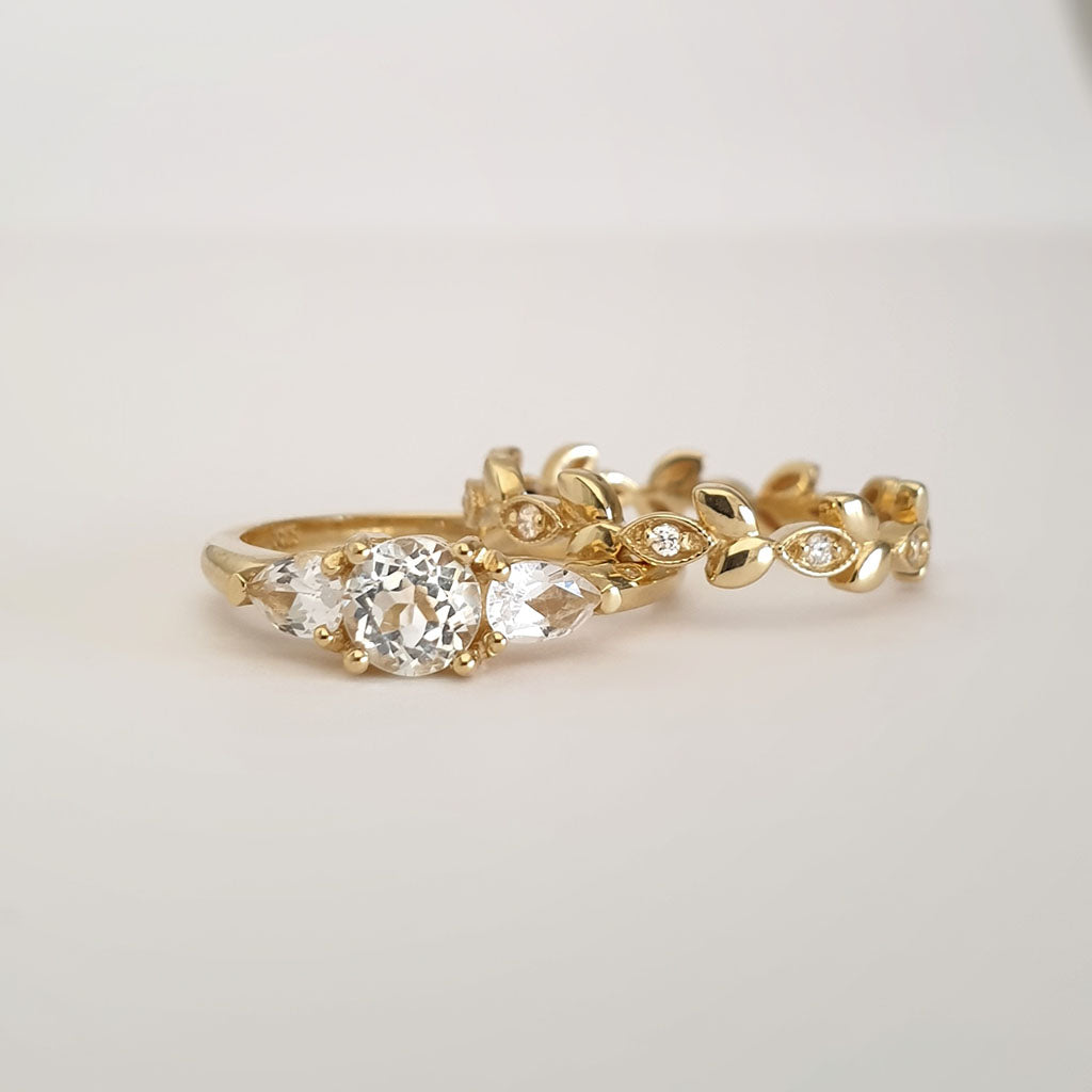 Trilogy Silver Topaz Engagement Ring with Diamond Leaf Wedding Set