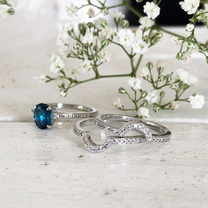 Triple Band Oval London Blue Topaz and Diamond Wedding Band Set