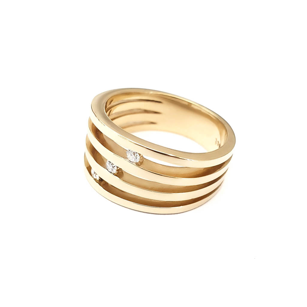 Triple Band Yellow Gold Diamond Split Shank Ring