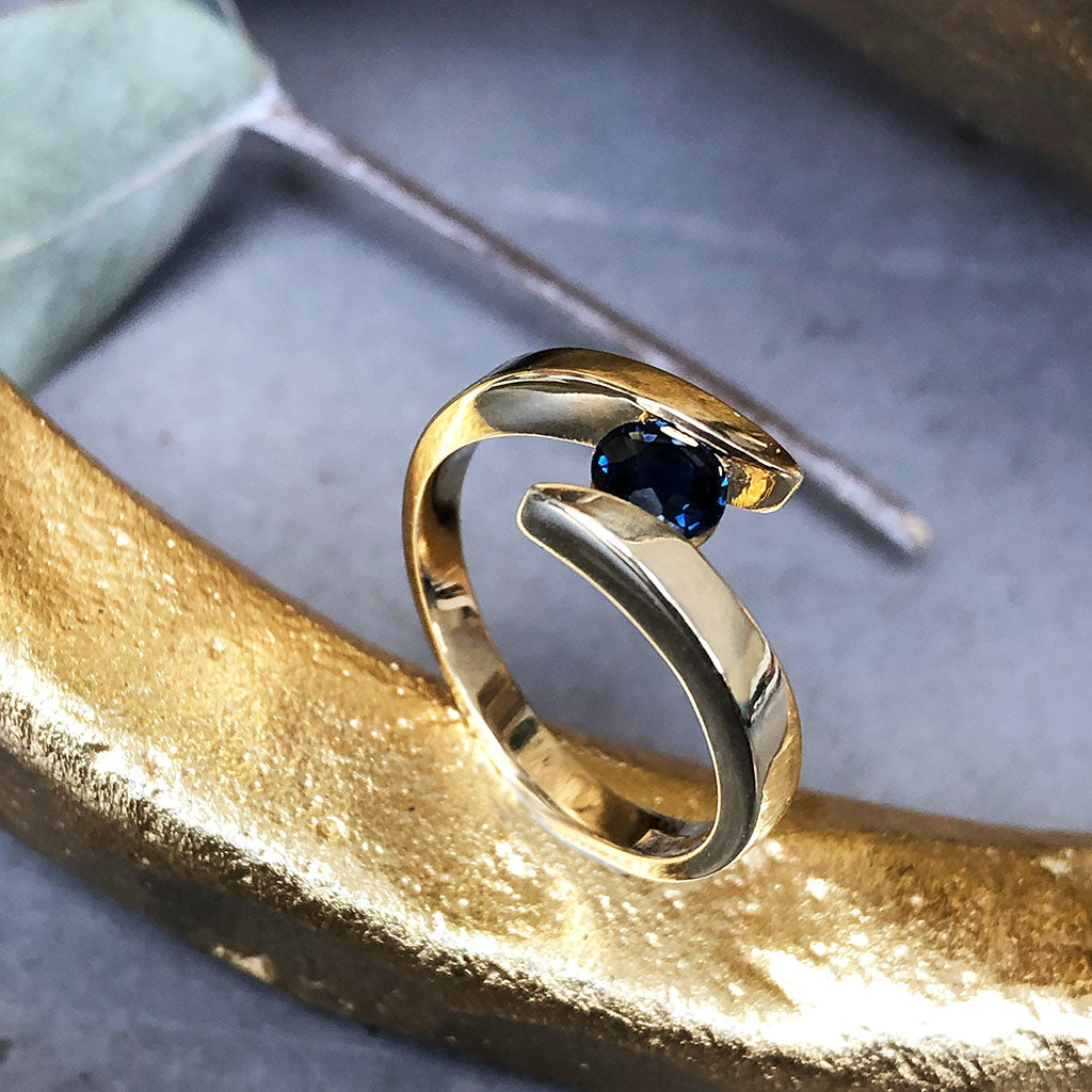 Twisted Shoulder Yellow Gold Sapphire Ring