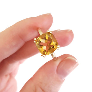 Ultra Glam Cushion Cut Citrine Double Claw Yellow Gold Ring