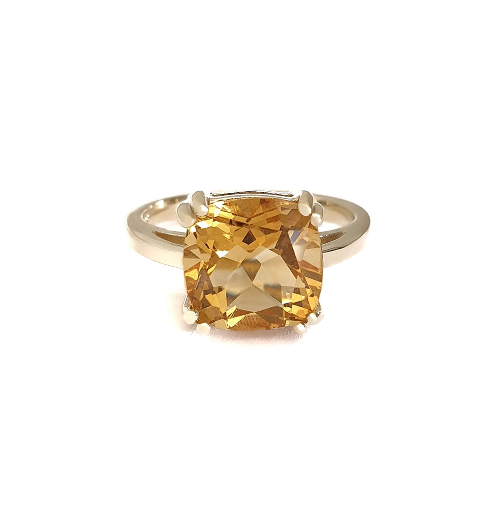 Ultra Glam Cushion Cut Citrine Double Claw Yellow Gold Ring