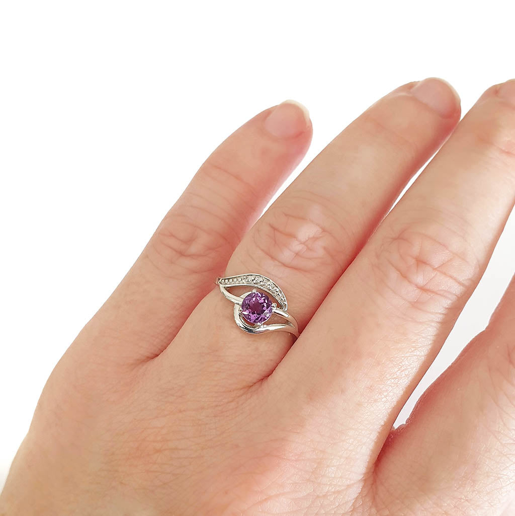 Unique Amethyst and Diamond Wave White Gold Ring