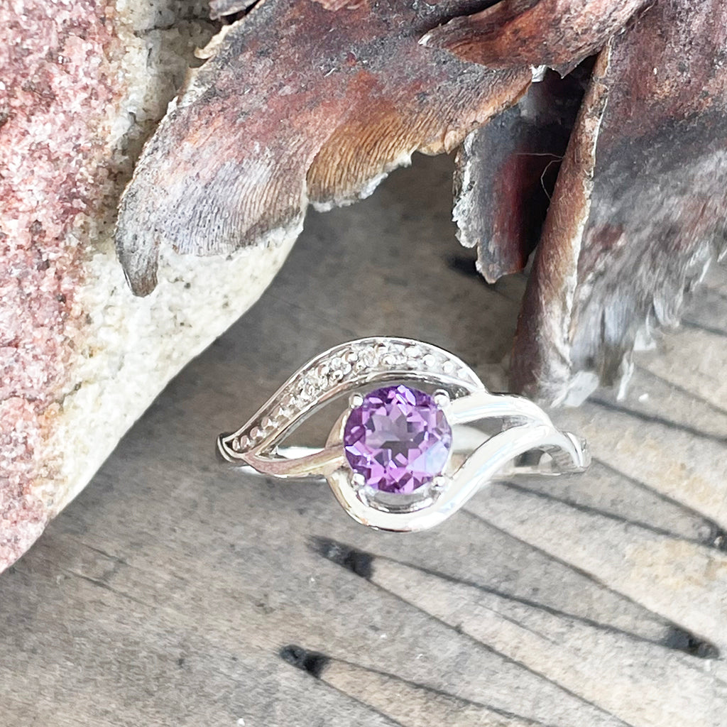Unique Amethyst and Diamond Wave White Gold Ring