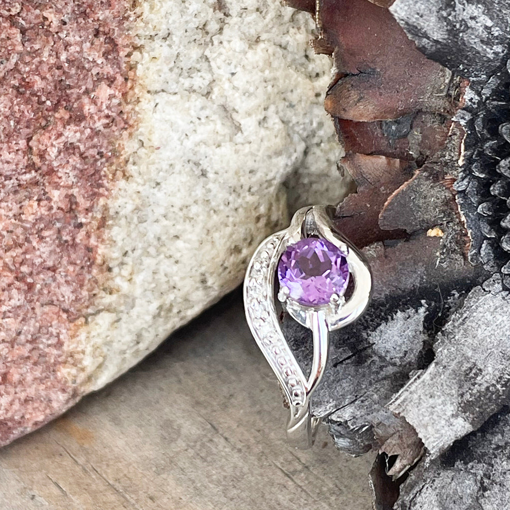 Unique Amethyst and Diamond Wave White Gold Ring