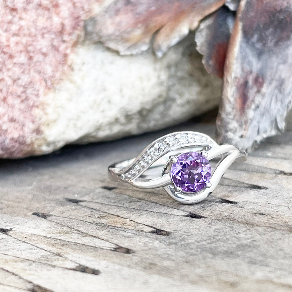 Unique Amethyst and Diamond Wave White Gold Ring