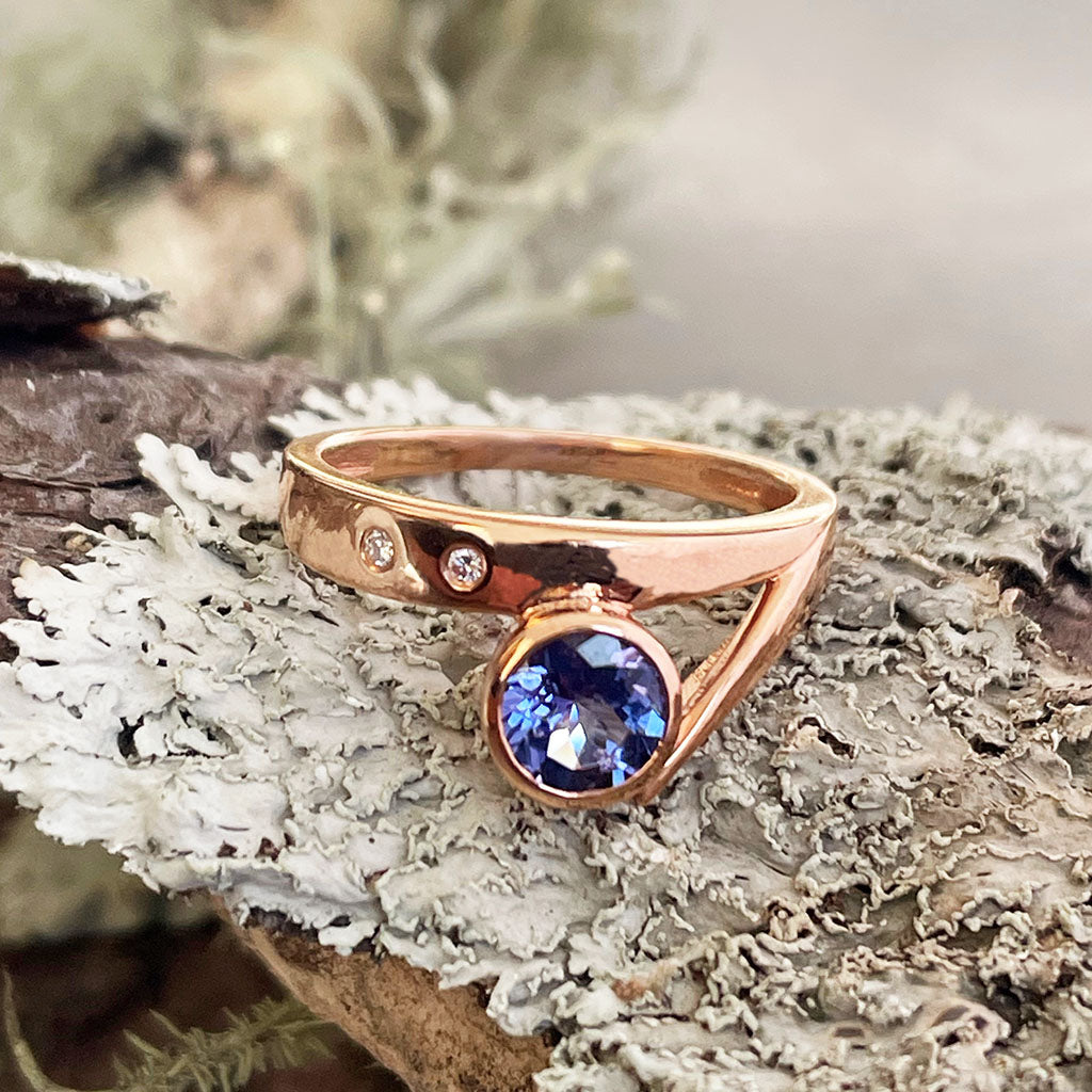 Unique Artdeco Inspired Tanzanite and Diamond Rose Gold Ring