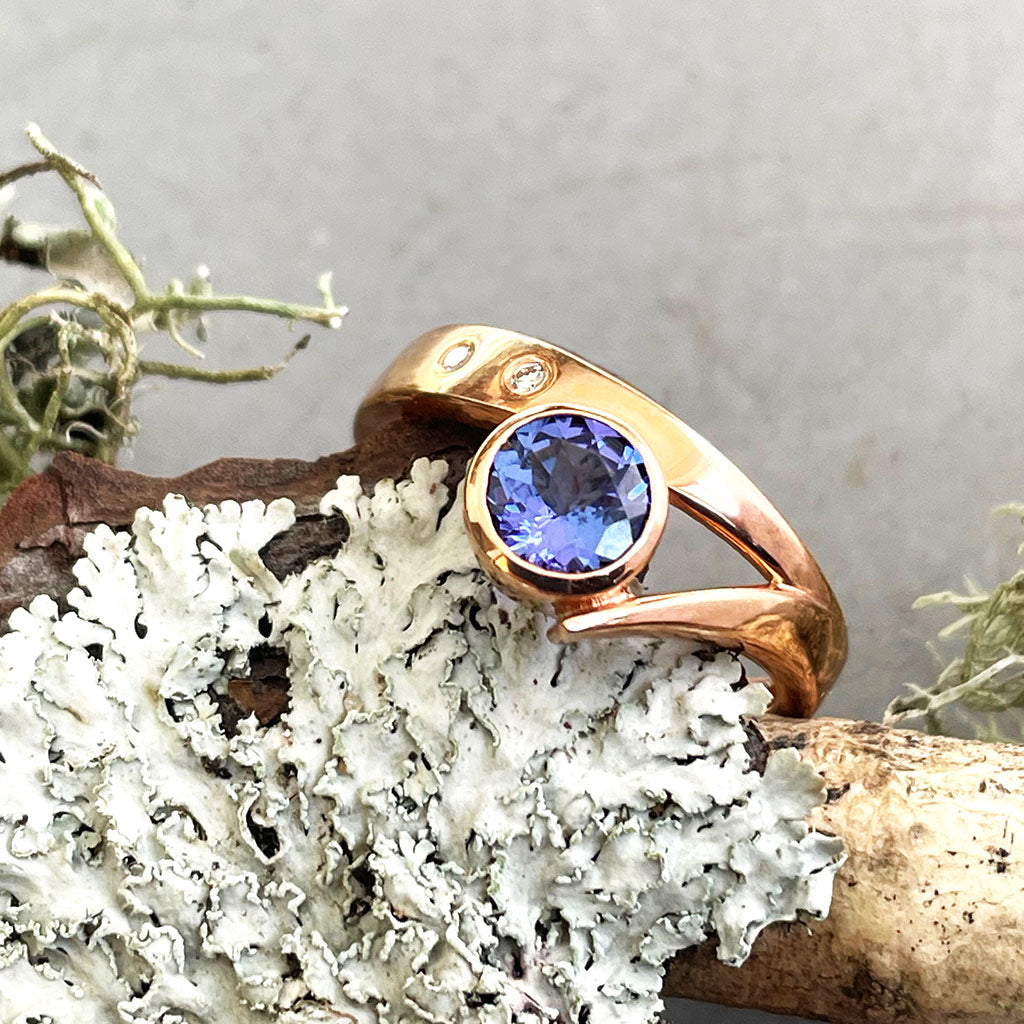 Unique Artdeco Inspired Tanzanite and Diamond Rose Gold Ring